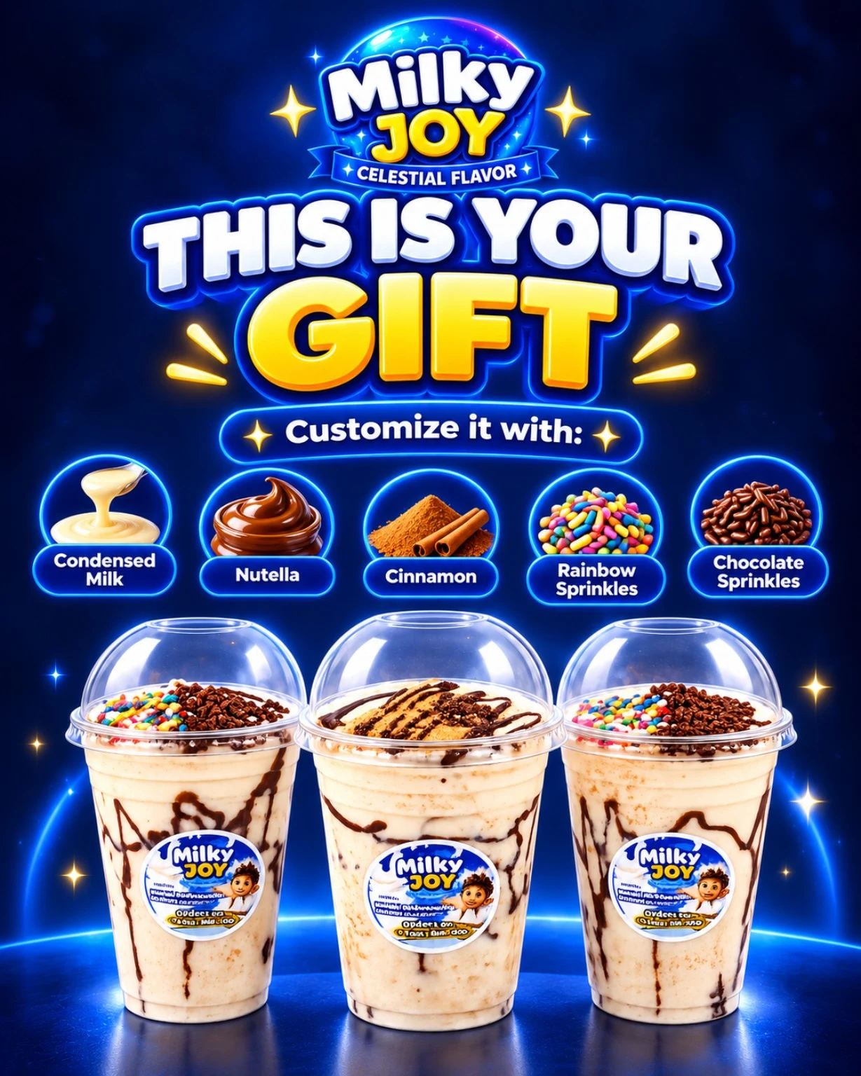 This is your gift: Milky Joy con leche condensada, Nutella, canela y chispas de colores o chocolate